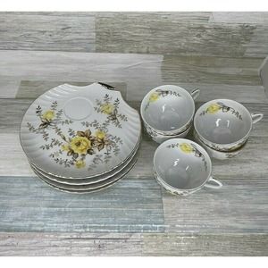 Metasco Yellow Rose Snack Set - Teacup And Shell Shaped Plate Gold trim - Japan